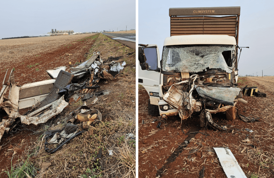 Homem morre e Kombi fica completamente destruída ao bater de frente com caminhão
