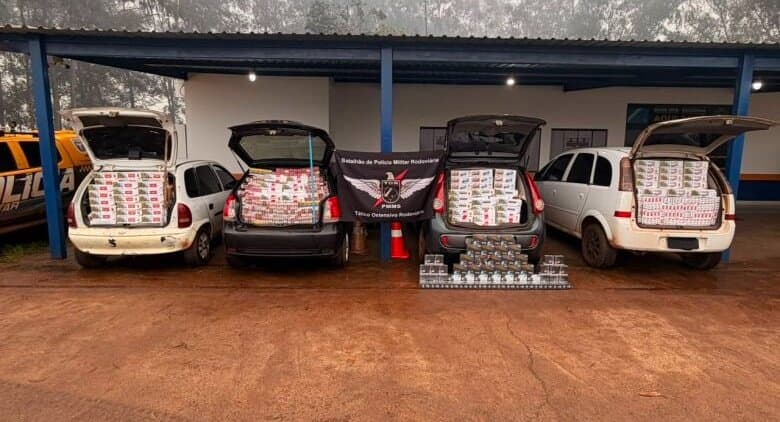 Comboio com quatro veículos é abandonado após tentativa de fuga e carga de cigarros é apreendida na MS-164