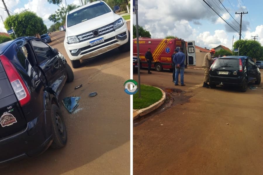 Mulher é socorrida após colisão entre Amarok e Ford Fiesta no centro de Sidrolândia