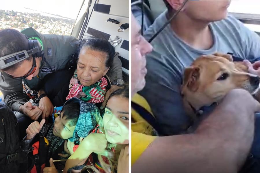 Crianças, idosos e até cão caramelo são resgatados por helicóptero de MS no Rio Grande do Sul