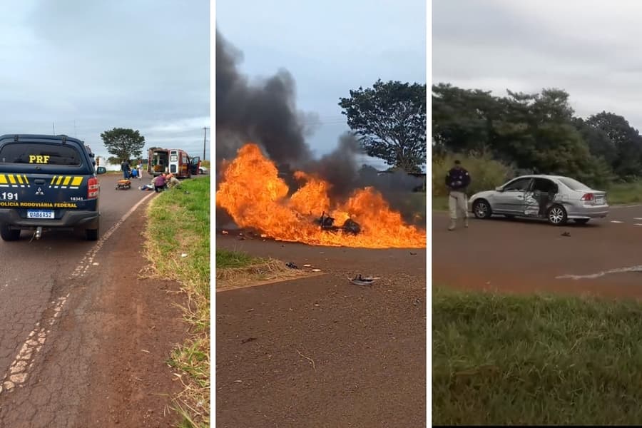 Moto explode após bater em carro na BR-060; casal foi socorrido às pressas
