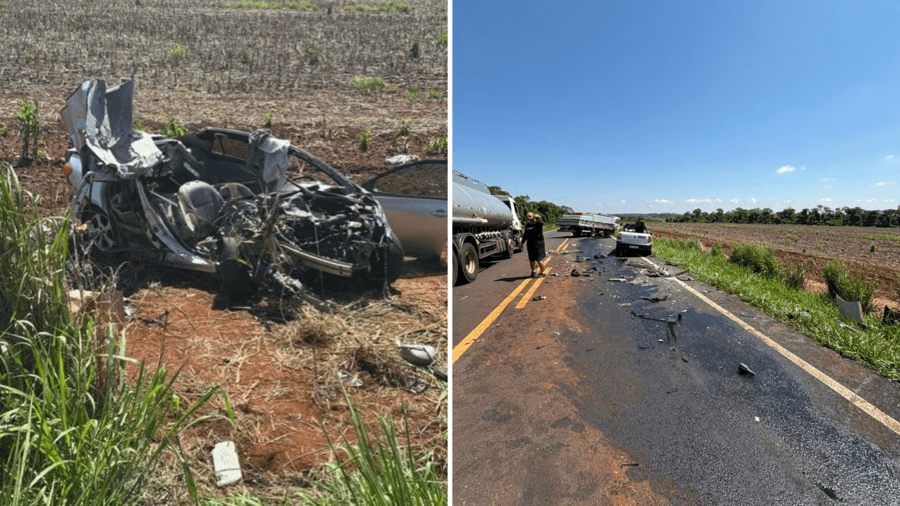 Corolla fica totalmente destruído após colidir contra caminhão na MS-157 em Maracaju