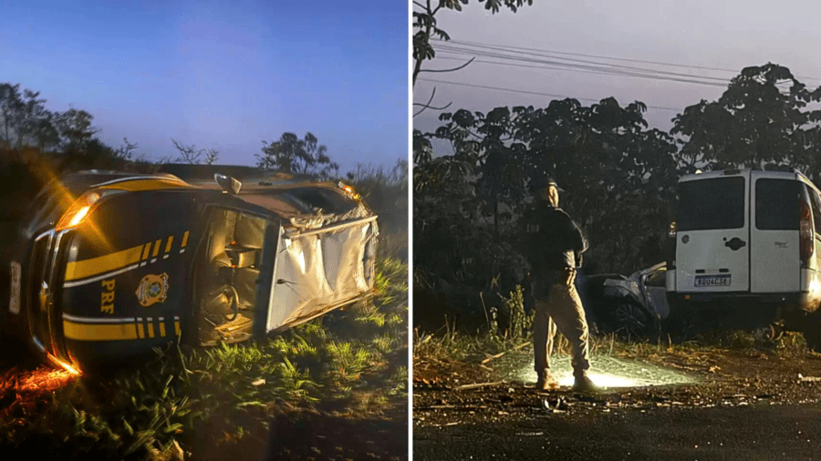 Viatura da Polícia Rodoviária Federal capota durante perseguição na BR-267 em Maracaju