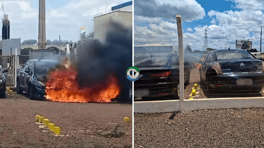 Incêndio em veículos mobiliza Corpo de Bombeiros no estacionamento da JBS em Sidrolândia