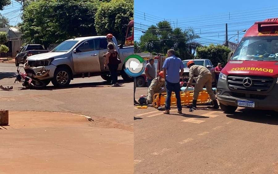 Caminhonete invade preferencial e colide contra motocicleta no Centro