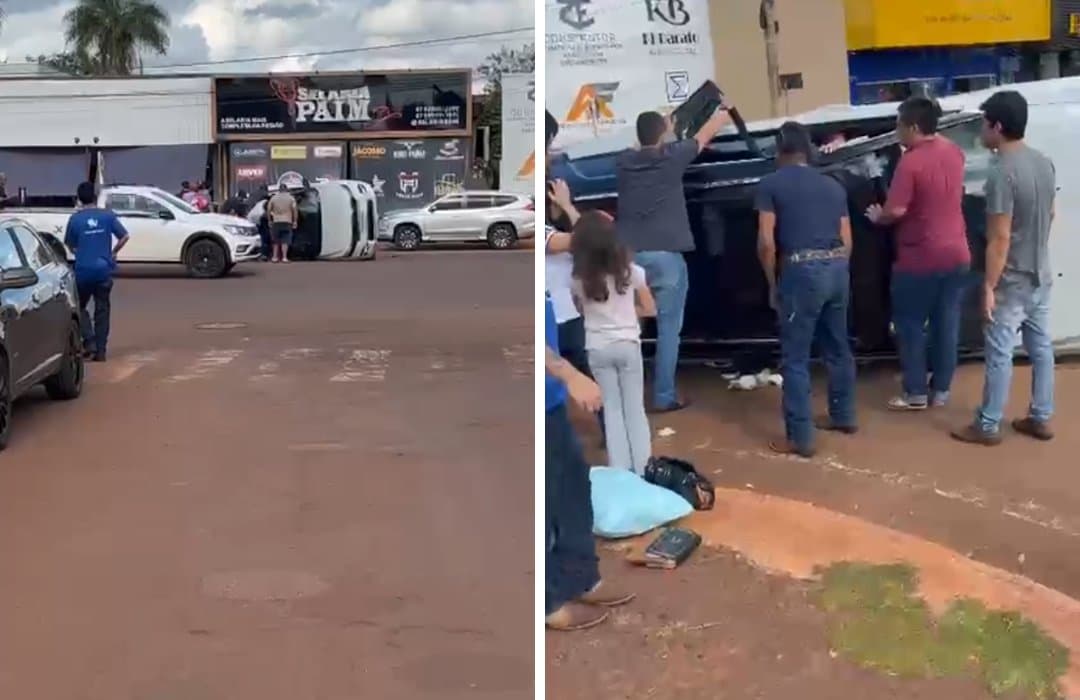 Colisão entre veículos deixa carro tombado e mobiliza socorro no centro de Sidrolândia