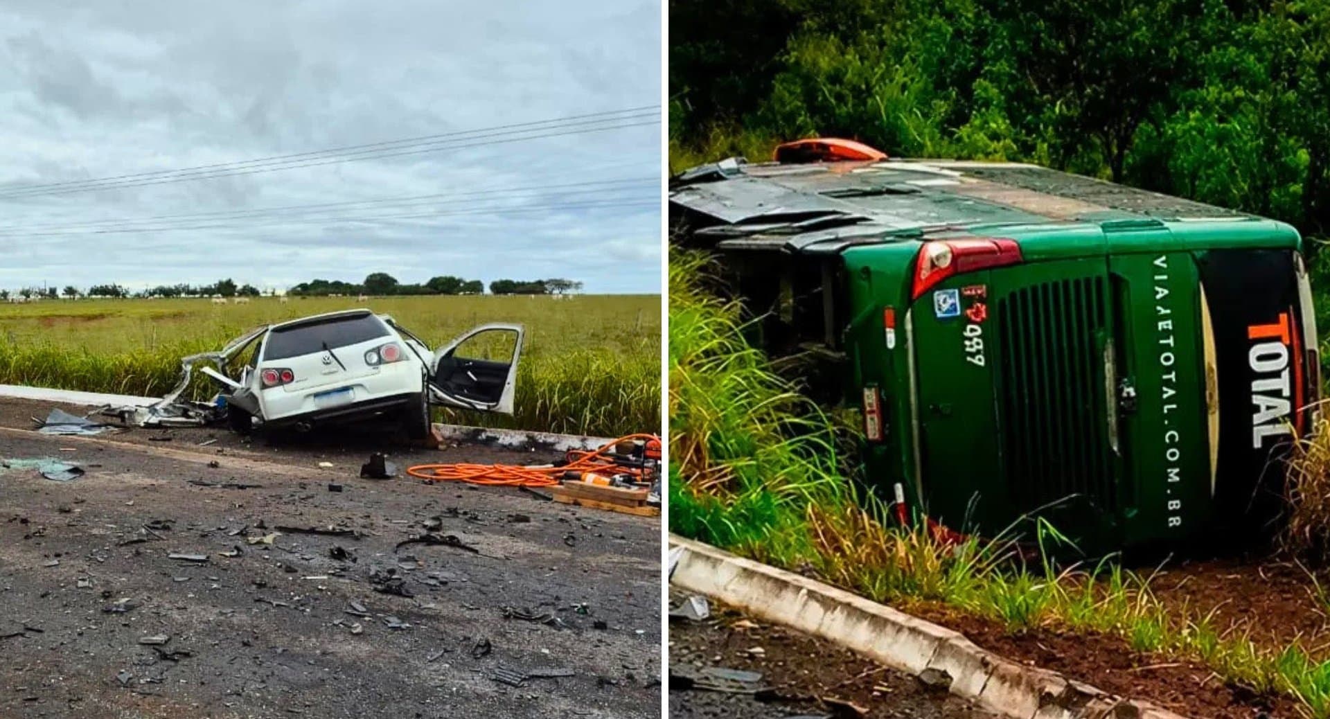 Grave acidente entre carro e ônibus deixa dois mortos e mais de 10 feridos na BR-060